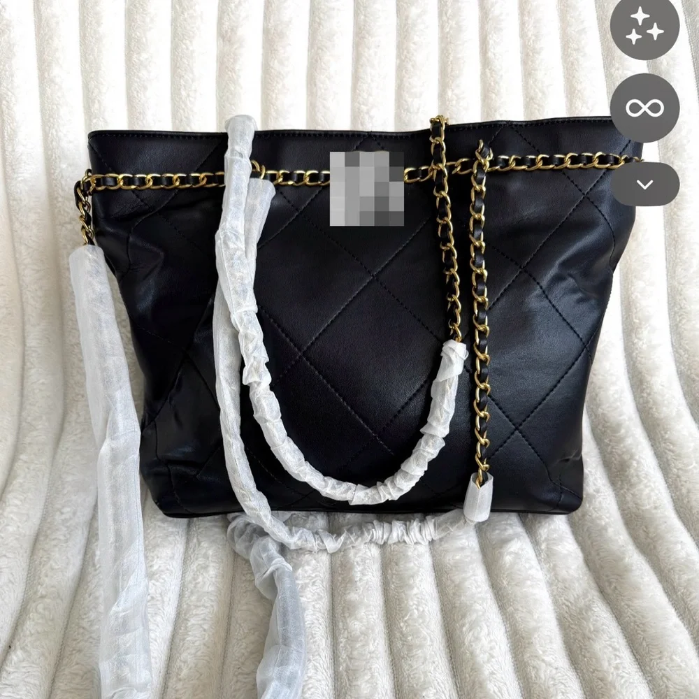 Quilted Black Chain-Handle Tote Bag - Picture 2 of 4